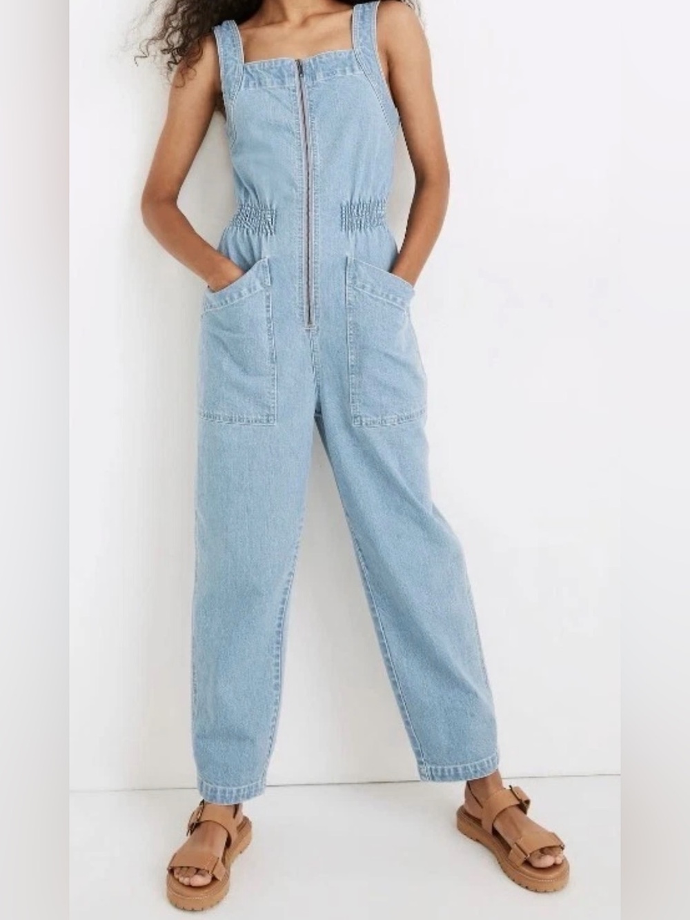 Madewell Denim Front Zipper Smocked Waist Jumpsuit